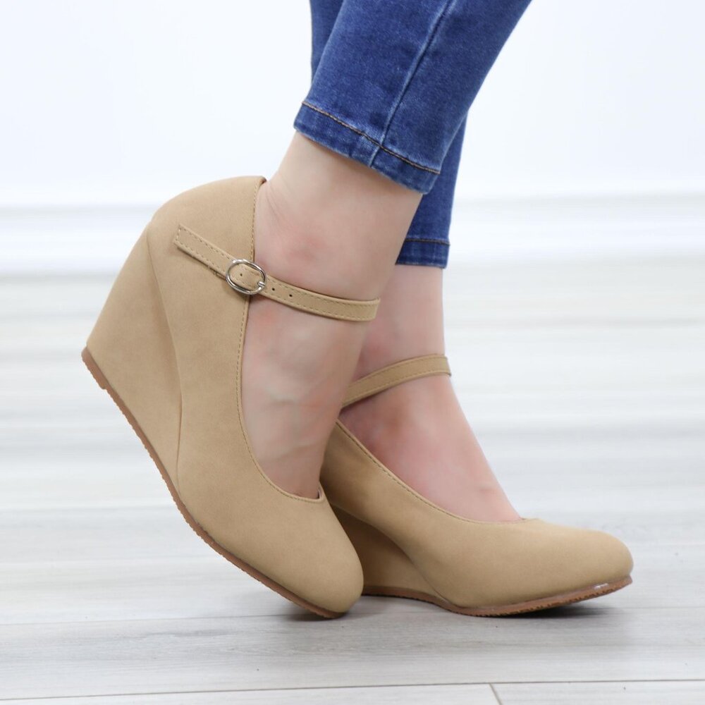 Beige Wedge Mary Jane Heels Rounded Toe Buckle Strap Smooth Finish